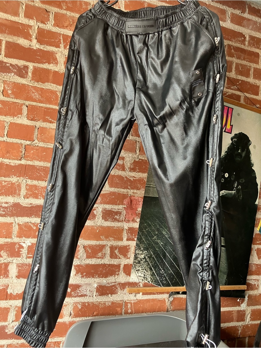 Maniere De Voir Black Faux Leather Snap-Trim Joggers